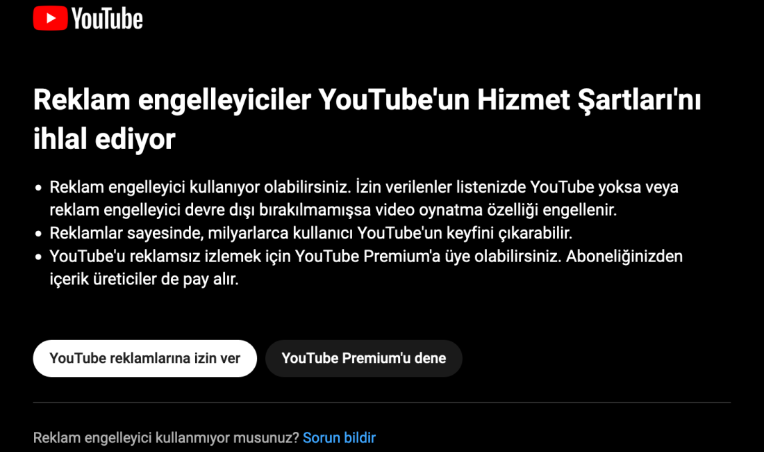 Reklam engelleyiciler YouTube’un Hizmet