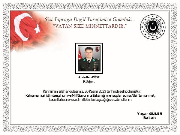 BAKAN GÜLER’DEN TAZİYE MESAJI