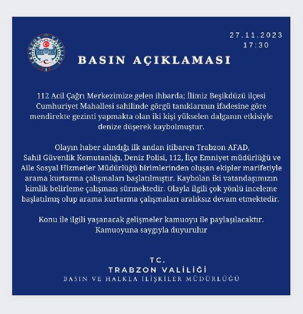 VALİKTEN AÇIKLAMA Trabzon Valiliği,